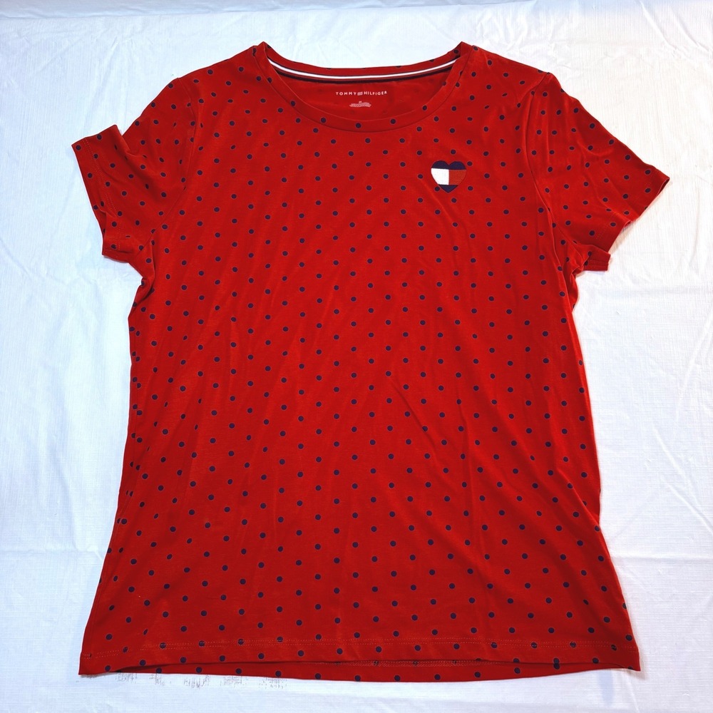 Tommy Hilfiger Womens Red Polka Dot Heart Logo Crew Neckโ T-Shirt Size M